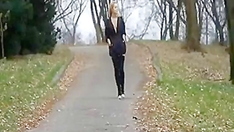 Blonde stripping and flashing her tits in public forest Blonde stripping and flashing her tits in public forest
