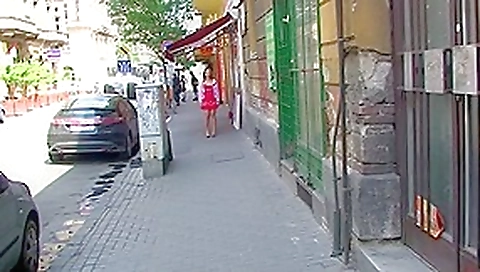 Public oral pleasure from golden-haired in red costume Public oral pleasure from golden-haired in red costume