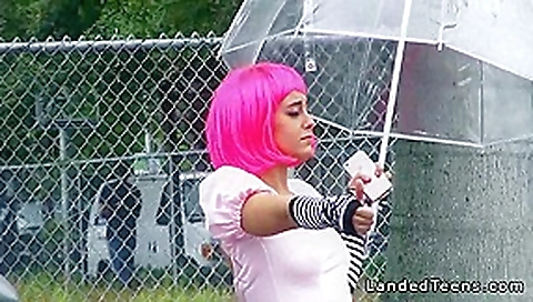 Costumed teen 18+ hitchhiker banged huge cock outdoor